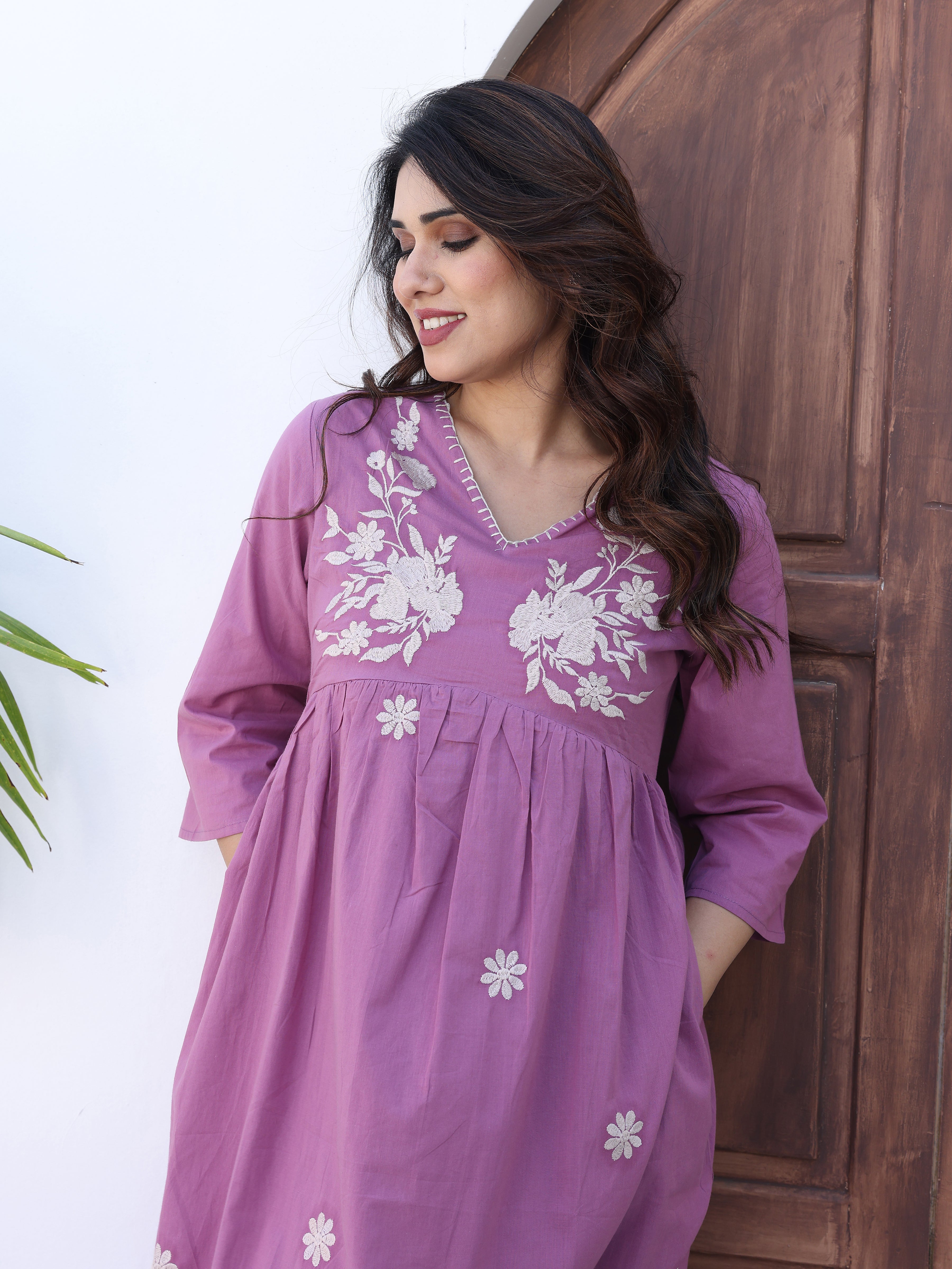 Purple Floral Embroidered Midi Dress