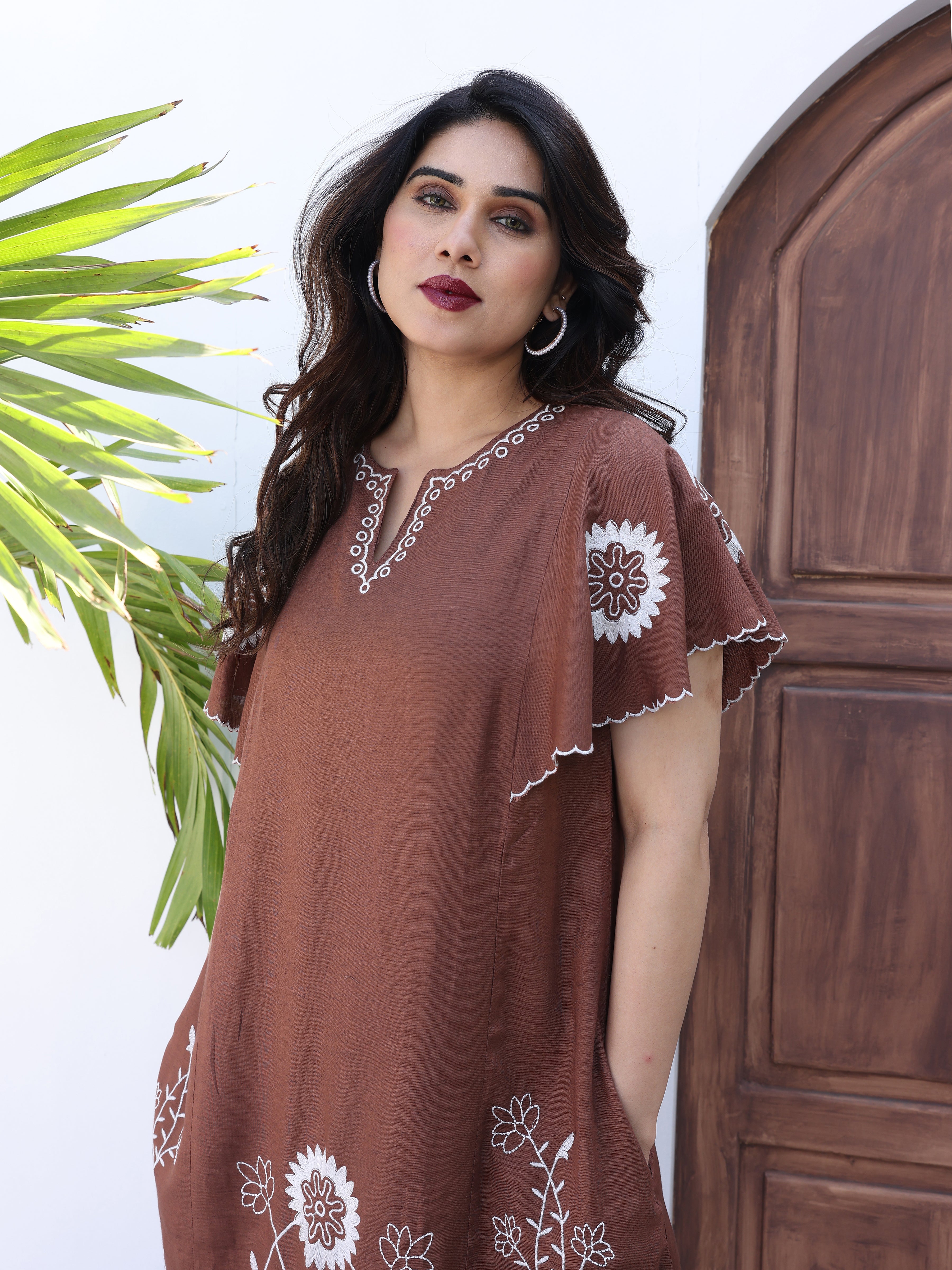Floral Ethnic Embroidered Brown Midi Dress